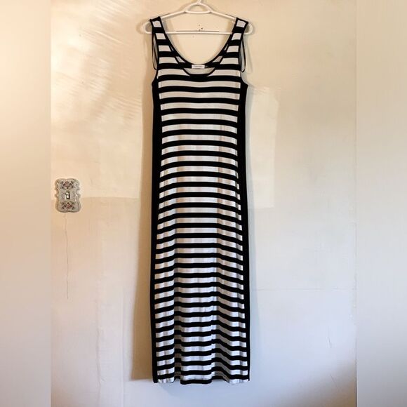 Calvin Klein Maxi Dress Stretch Black White Striped Sz Small Gorgeous - Picture 1 of 4